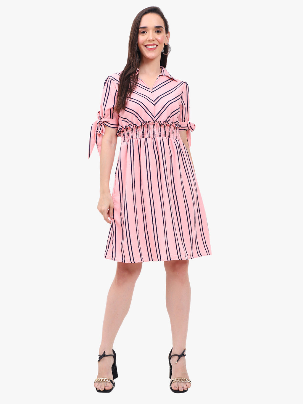 Women’s Striped Crepe Short Dress with Smocked Waist & Tie-Up Sleeves – Export Quality