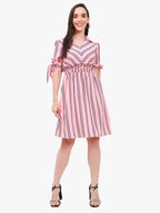 Women’s Striped Crepe Short Dress with Smocked Waist & Tie-Up Sleeves – Export Quality
