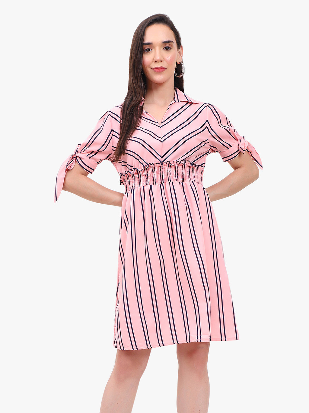 Women’s Striped Crepe Short Dress with Smocked Waist & Tie-Up Sleeves – Export Quality