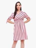 Women’s Striped Crepe Short Dress with Smocked Waist & Tie-Up Sleeves – Export Quality
