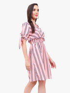 Women’s Striped Crepe Short Dress with Smocked Waist & Tie-Up Sleeves – Export Quality
