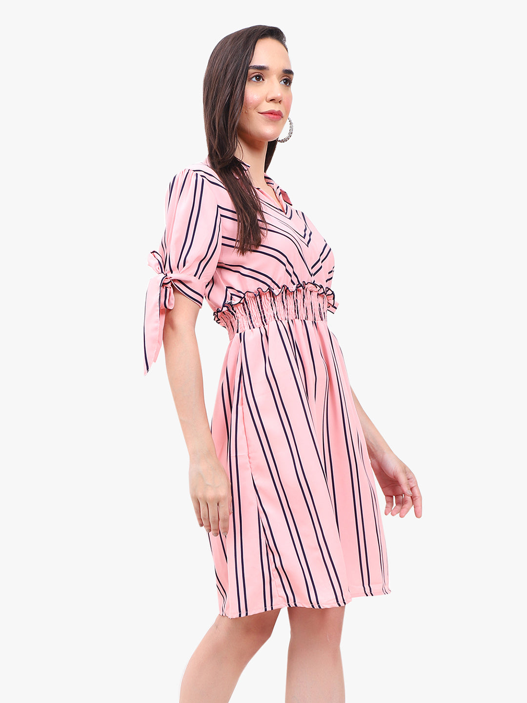 Women’s Striped Crepe Short Dress with Smocked Waist & Tie-Up Sleeves – Export Quality