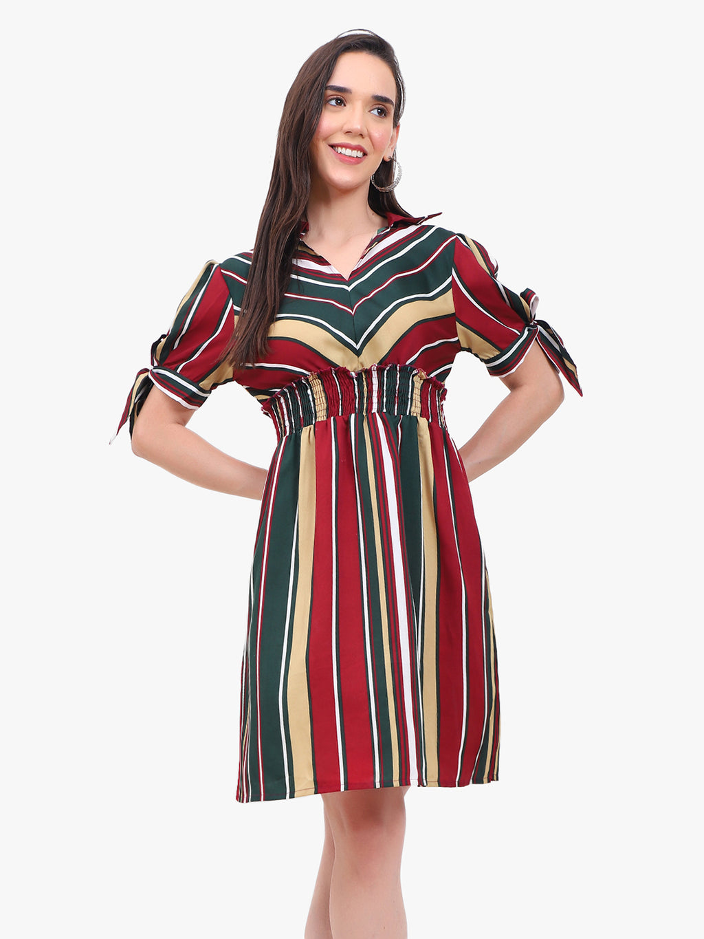 Viigobella Women’s Striped Crepe Dress with Smocked Waist – Export Quality