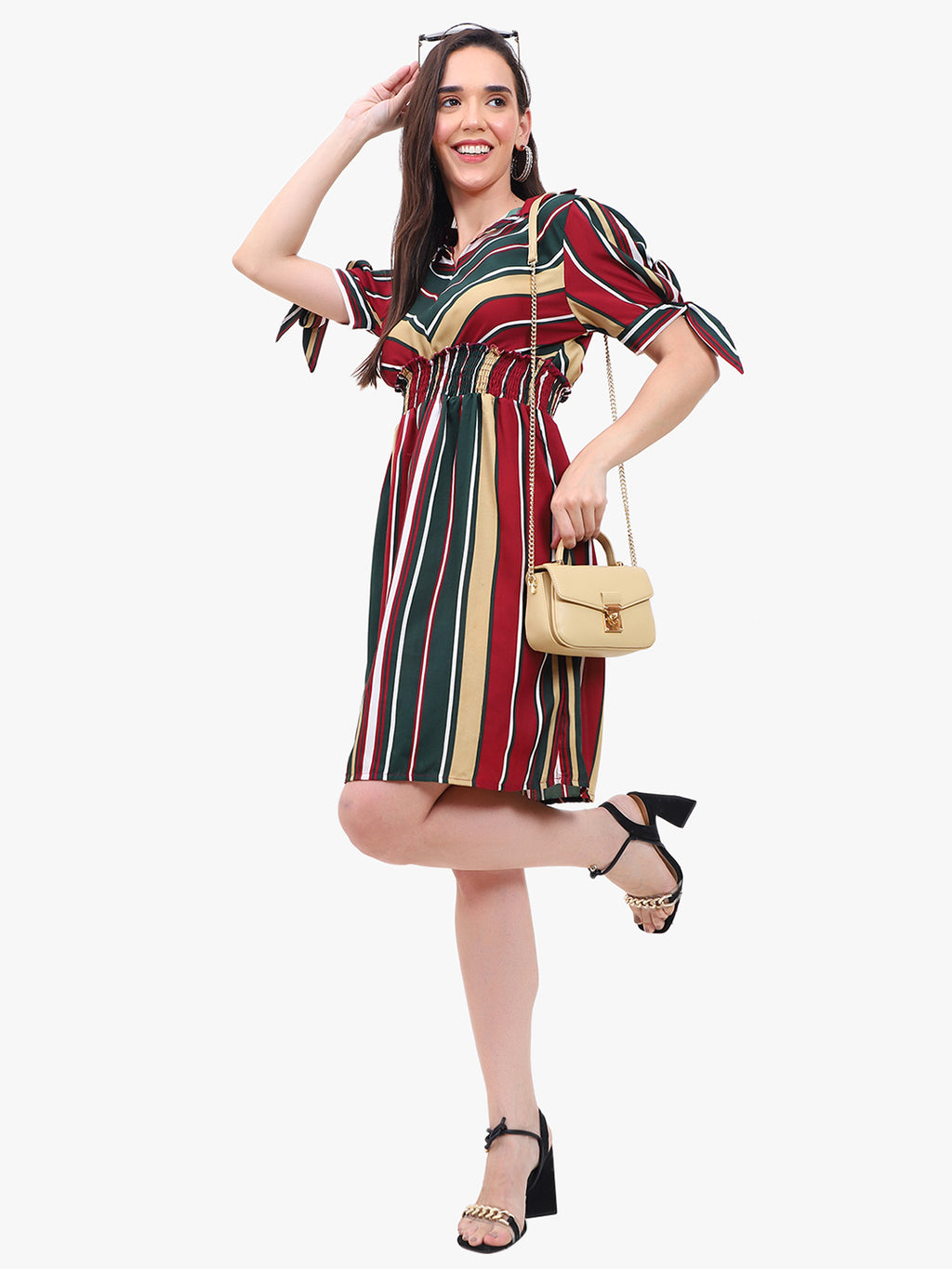 Viigobella Women’s Striped Crepe Dress with Smocked Waist – Export Quality
