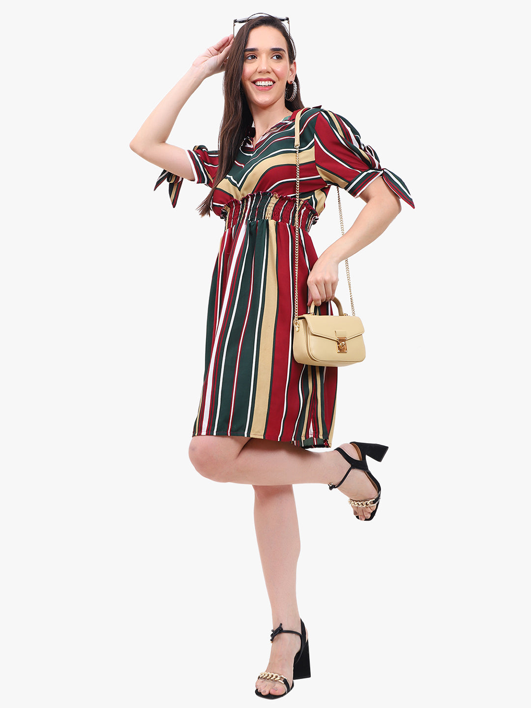 Viigobella Women’s Striped Crepe Dress with Smocked Waist – Export Quality