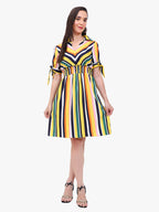 Women’s Striped Crepe Dress with Smocked Waist & Tie-Up Sleeves – Export Quality