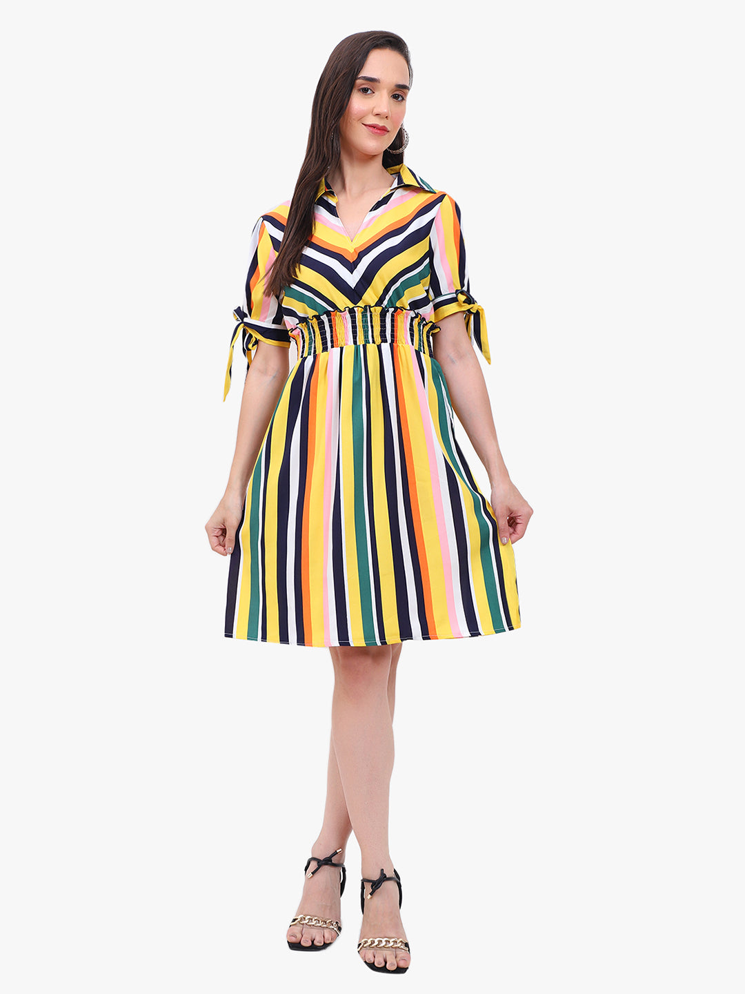 Women’s Striped Crepe Dress with Smocked Waist & Tie-Up Sleeves – Export Quality