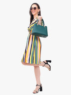 Women’s Striped Crepe Dress with Smocked Waist & Tie-Up Sleeves – Export Quality