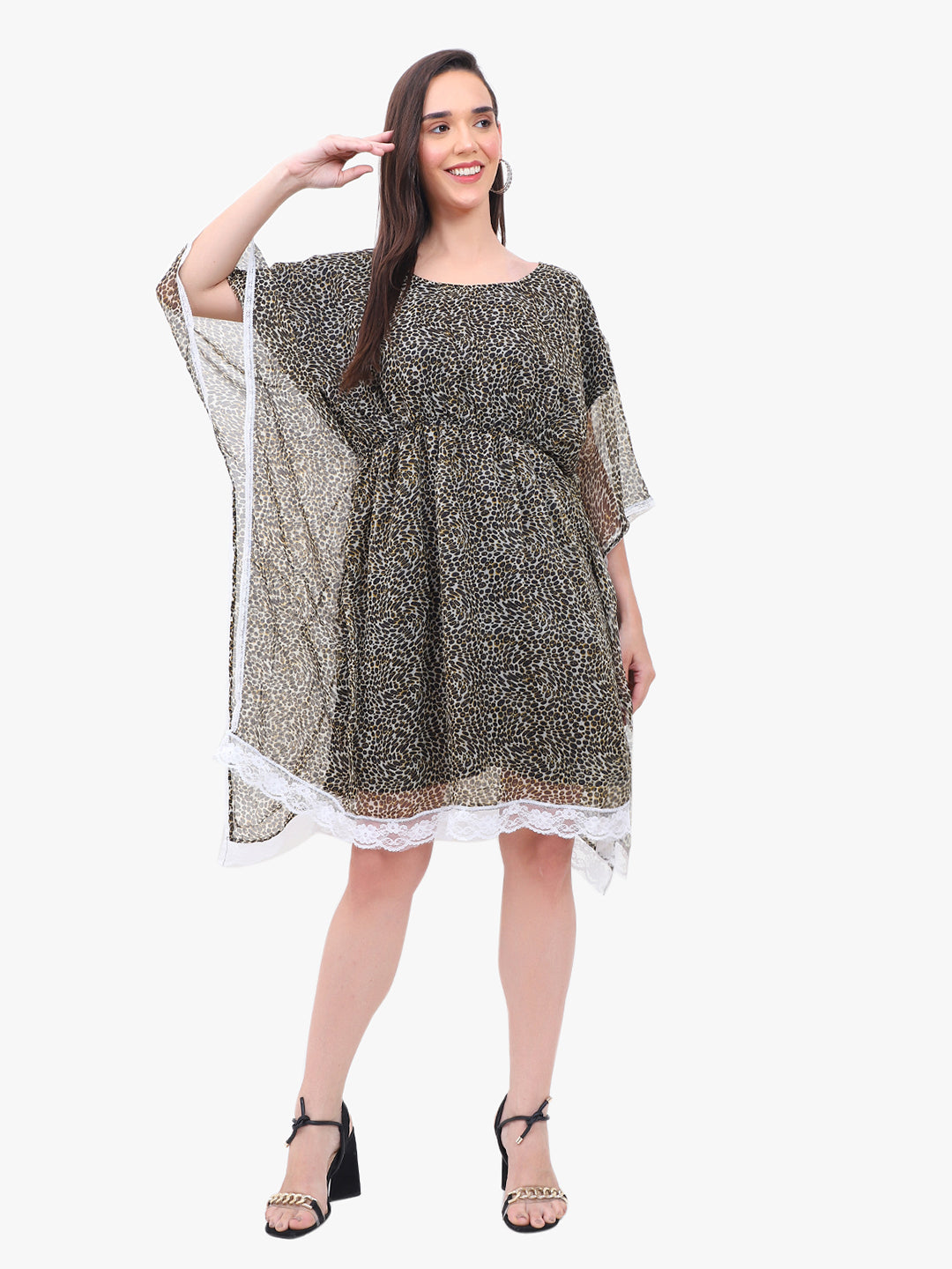 Women’s Printed Crepe Kaftan Dress with Lace Hem – Export Quality