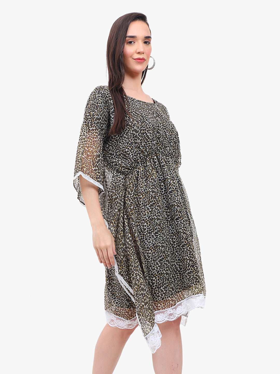 Women’s Printed Crepe Kaftan Dress with Lace Hem – Export Quality