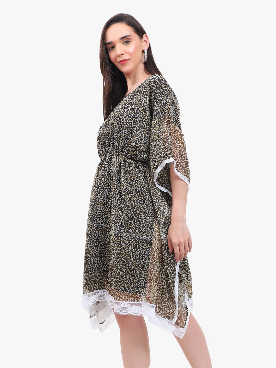 Women’s Printed Crepe Kaftan Dress with Lace Hem – Export Quality