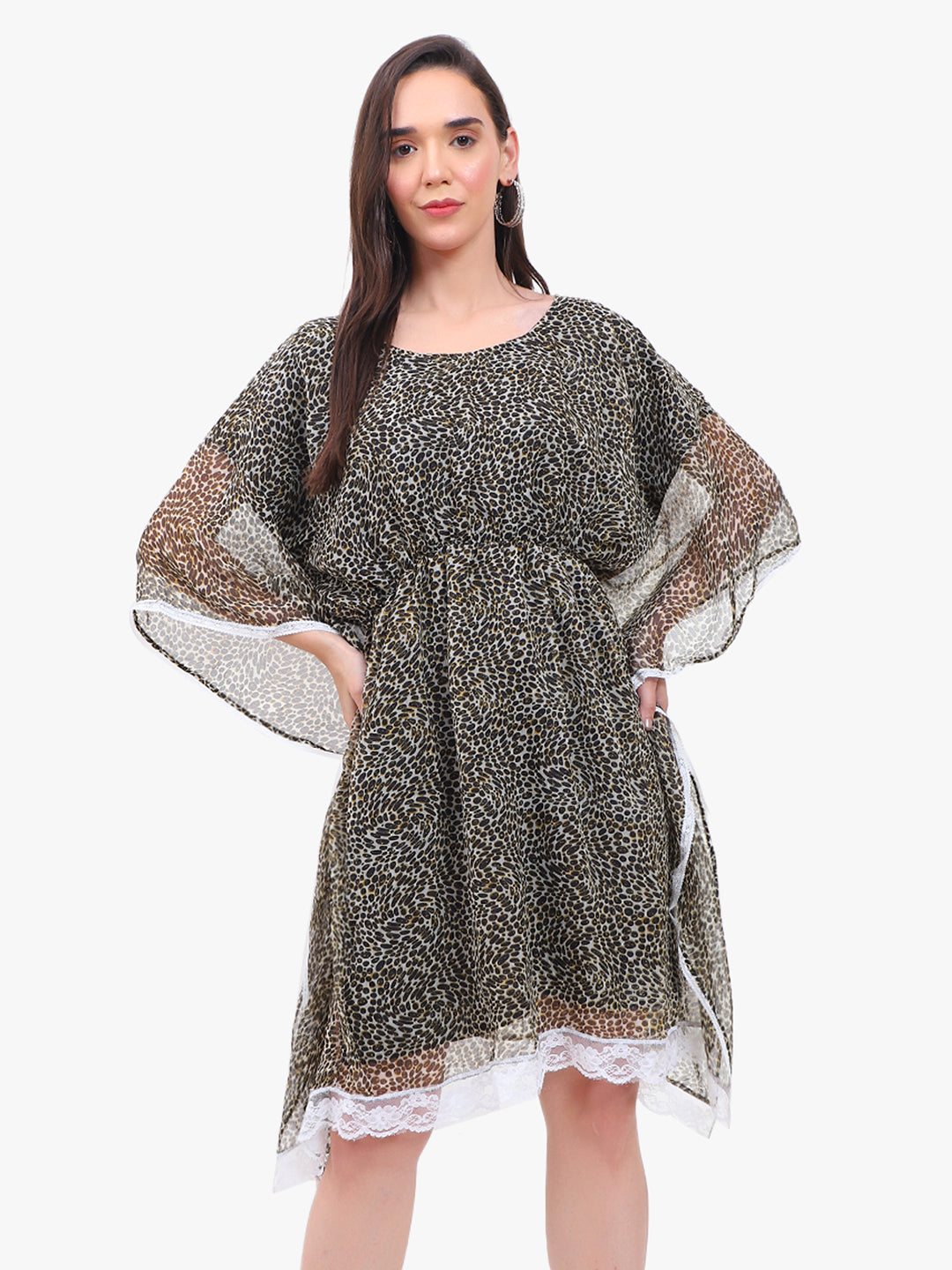 Women’s Printed Crepe Kaftan Dress with Lace Hem – Export Quality