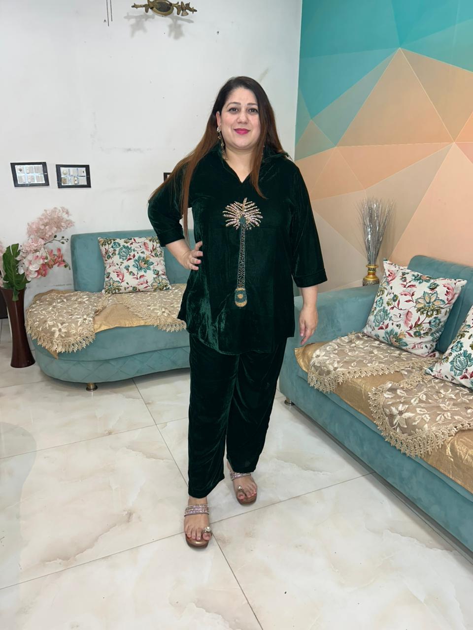 Viigobella Hand-Embellished Velvet Cord Set – Top & Pant Co-Ord