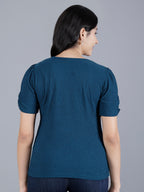 Viigobella Women’s Puff Sleeve Top in Teal Blue Cotton Fabric