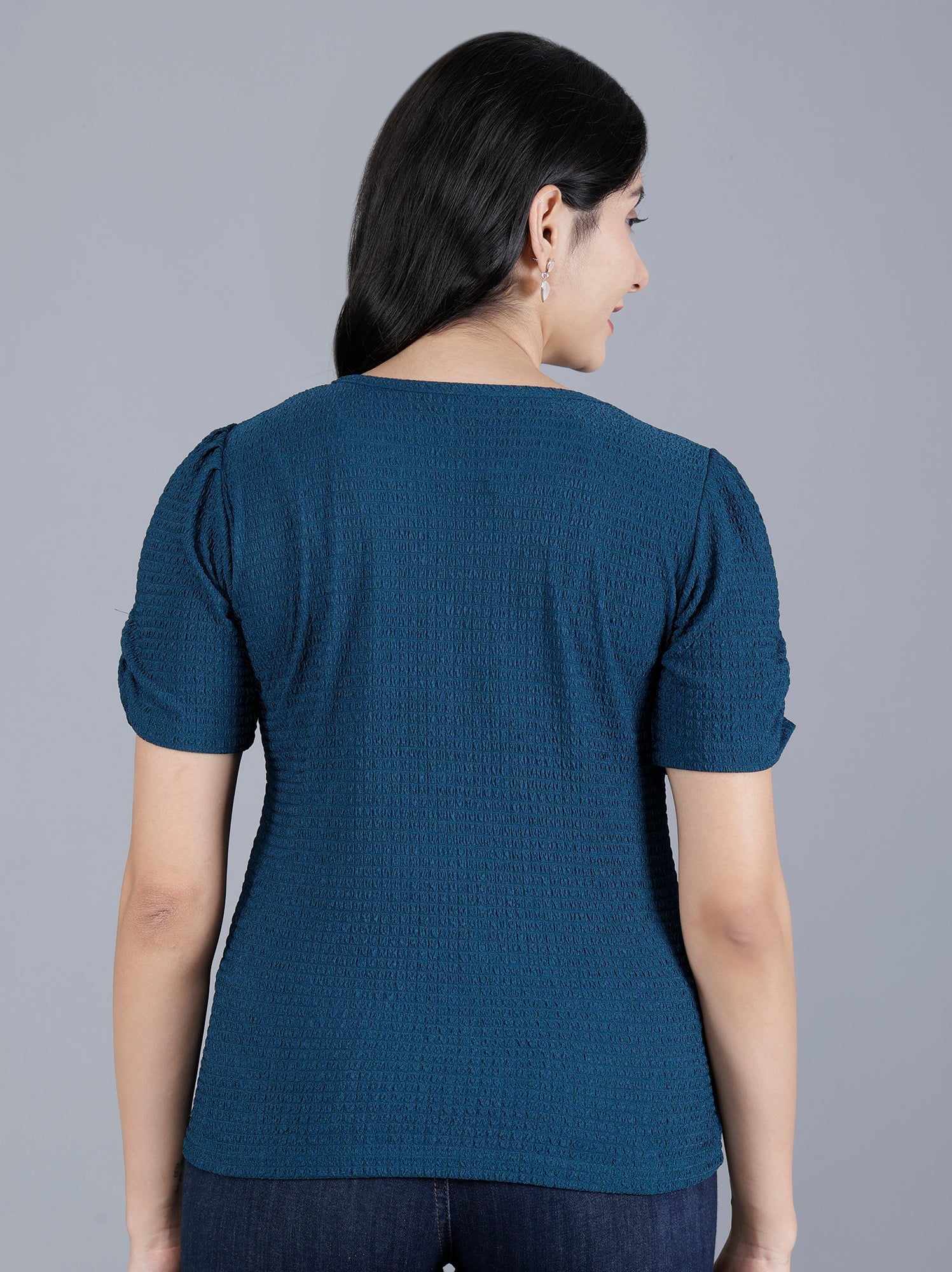 Viigobella Women’s Puff Sleeve Top in Teal Blue Cotton Fabric