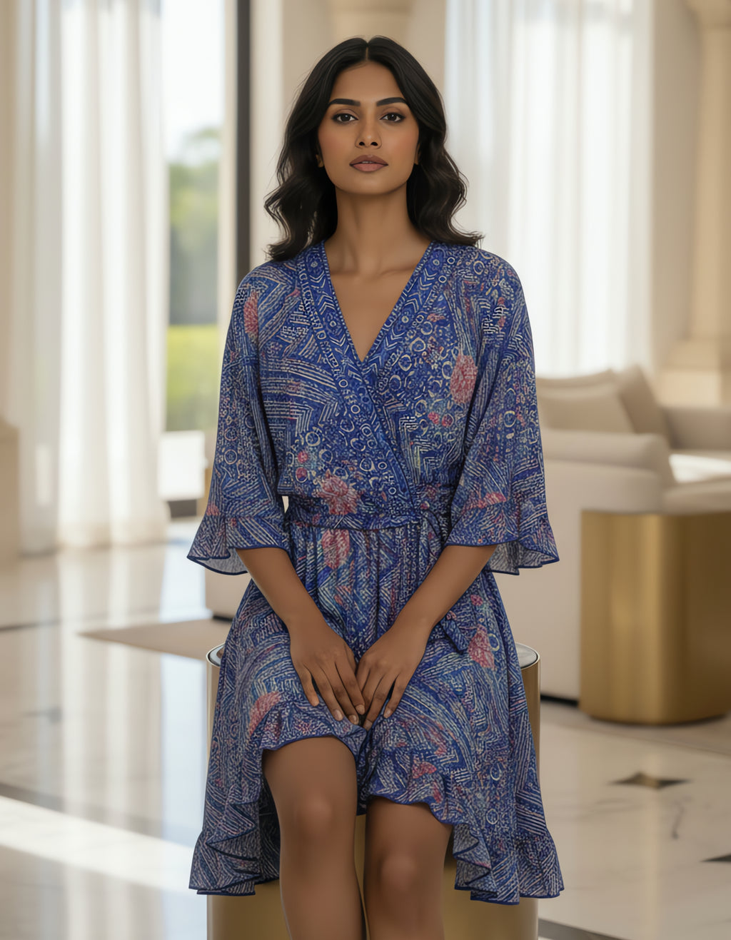 Viigobella Blue Abstract Printed Kasturi Silk Wrap Dress