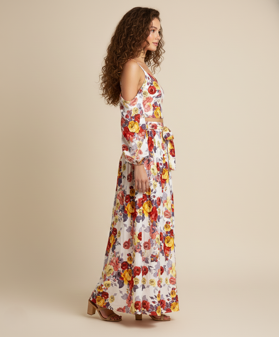 Viigobella Printed Crepe Cold-Shoulder Crop Top & Palazzo Co-Ord Set