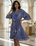 Viigobella Blue Abstract Printed Kasturi Silk Wrap Dress