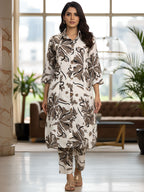 Brown Abstract Floral Long Shirt Co-ord Set for Women
