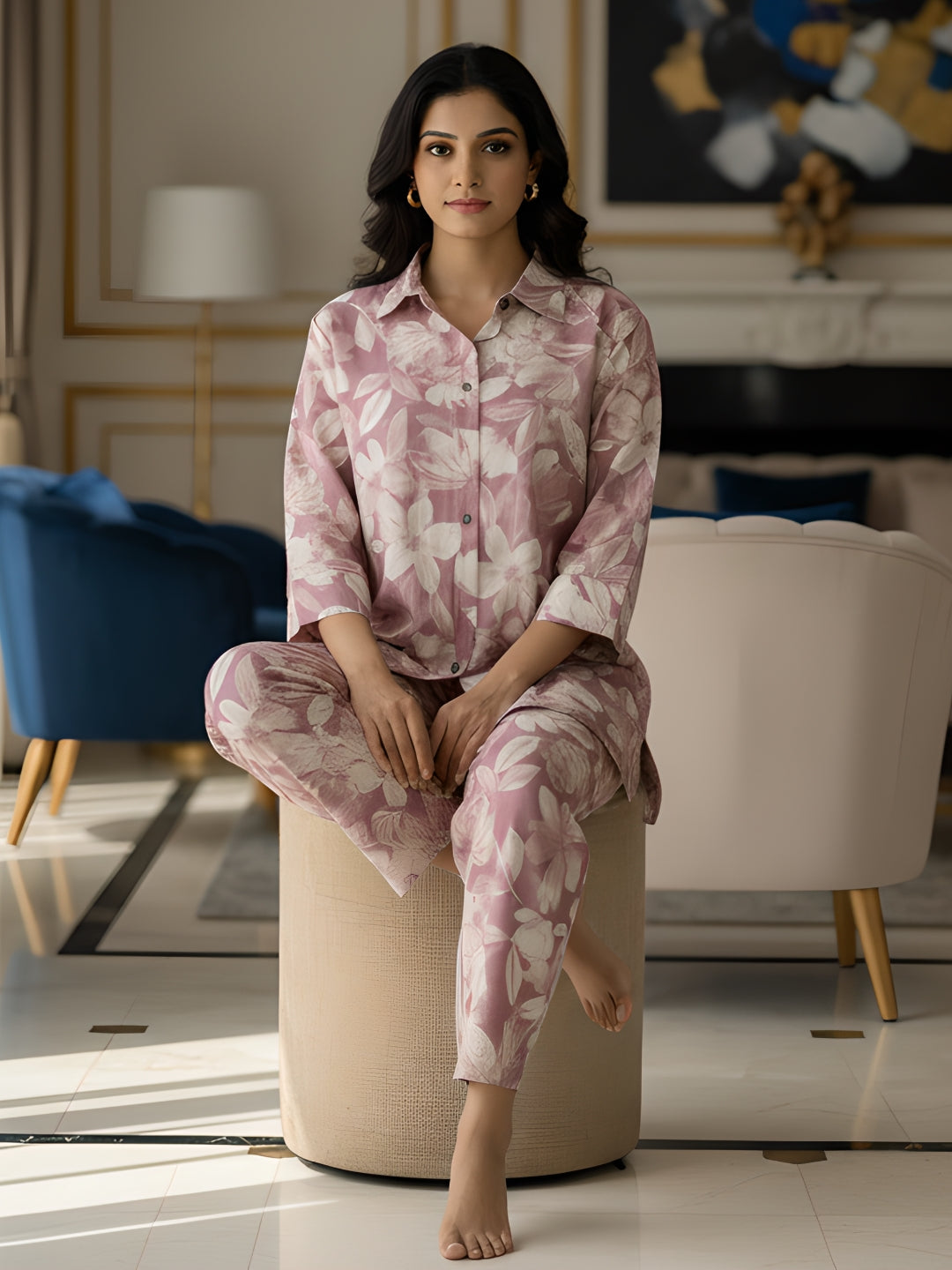 Pink Floral Printed Long Shirt Co-ord Set for Women