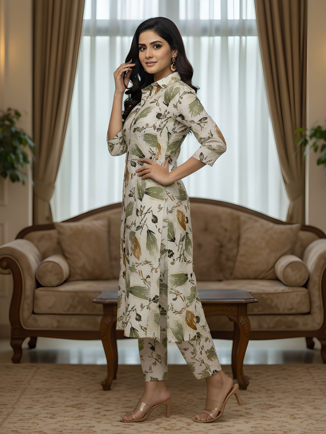 Olive Leaf Print Long Shirt Co-ord Set for Women