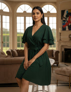 Viigobella Solid Rayon Crepe Wrap Dress with Layered Ruffle Sleeves