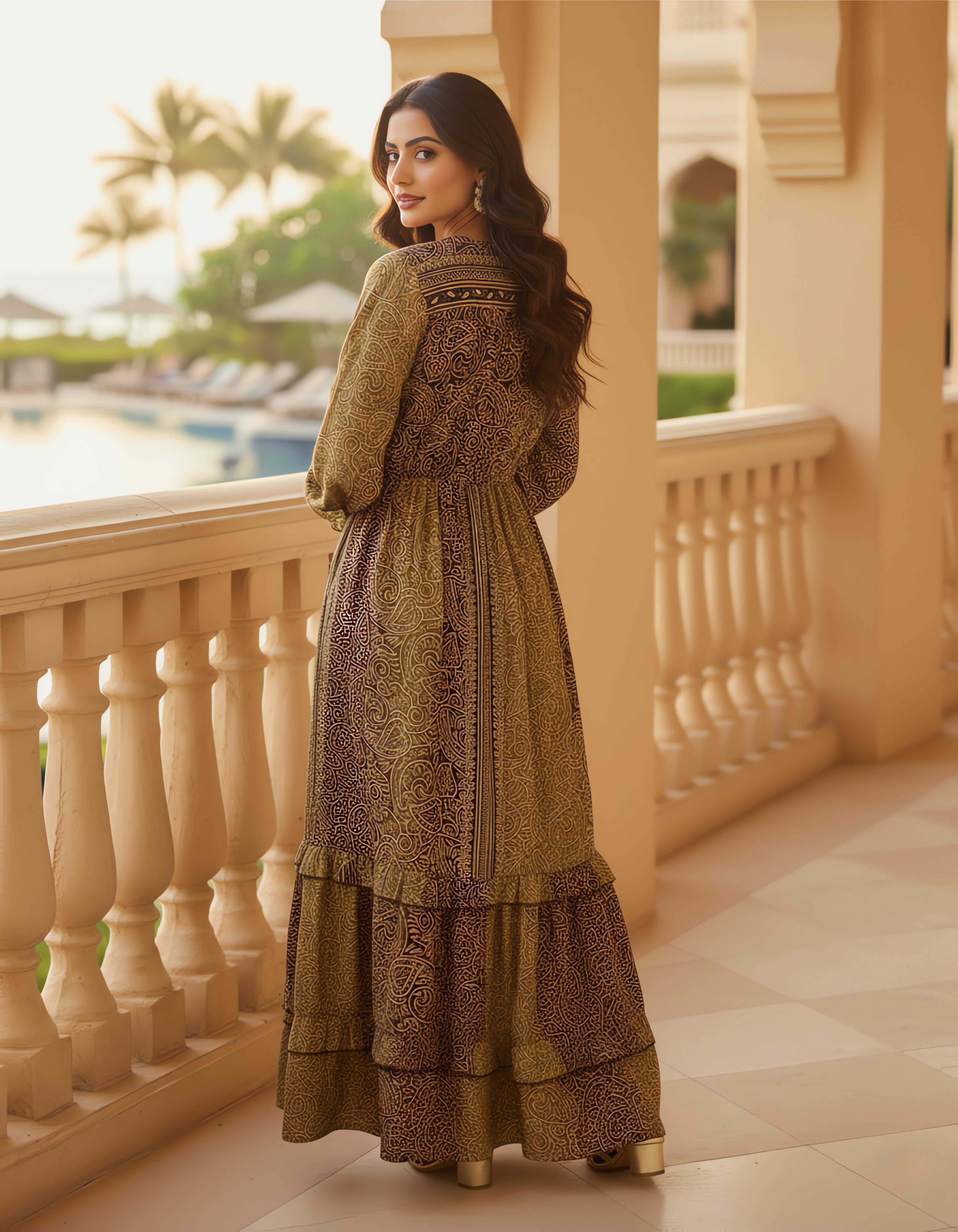 Viigobella Premium Kasturi Silk Printed Tiered Maxi Dress with Tassel Tie-Up