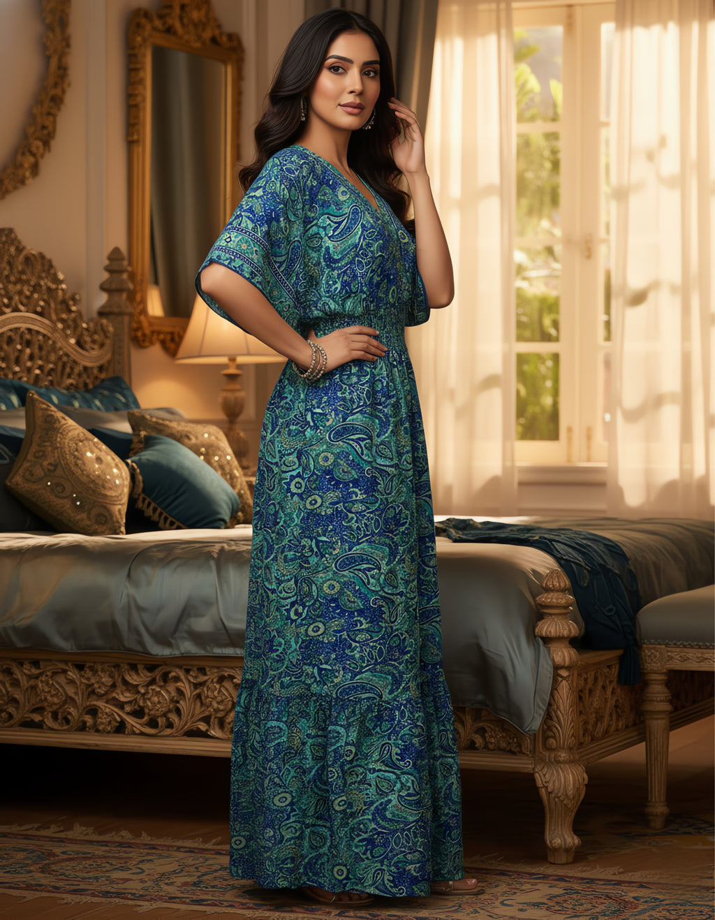 Viigobella Premium Kasturi Silk Blue Paisley Maxi Dress with Smocked Waist