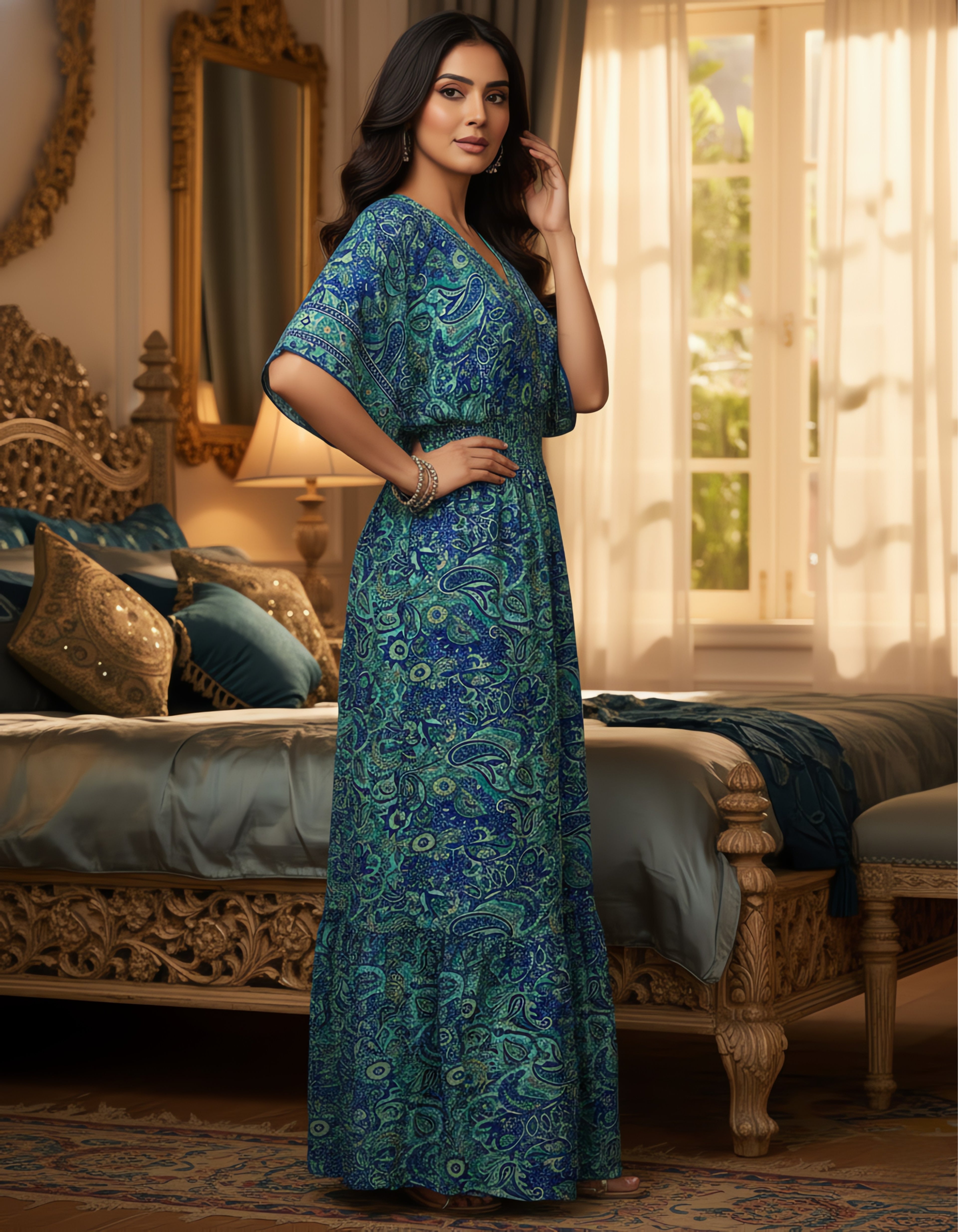Viigobella Premium Kasturi Silk Blue Paisley Maxi Dress with Smocked Waist