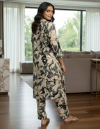 Black & Cream Abstract Long Shirt Co-ord Set in Kasturi Silk – Viigobella