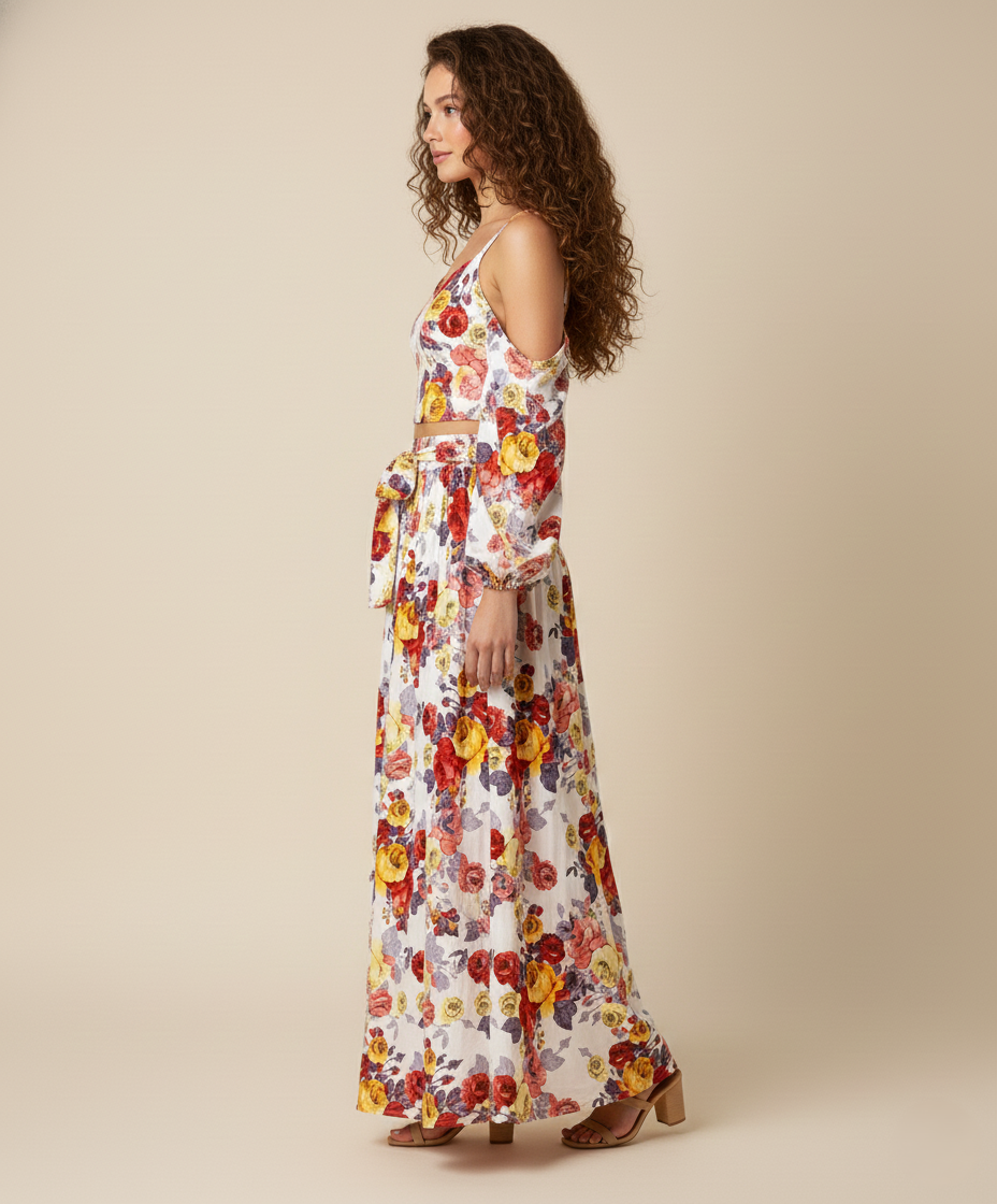 Viigobella Printed Crepe Cold-Shoulder Crop Top & Palazzo Co-Ord Set