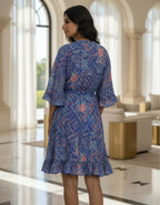 Viigobella Blue Abstract Printed Kasturi Silk Wrap Dress