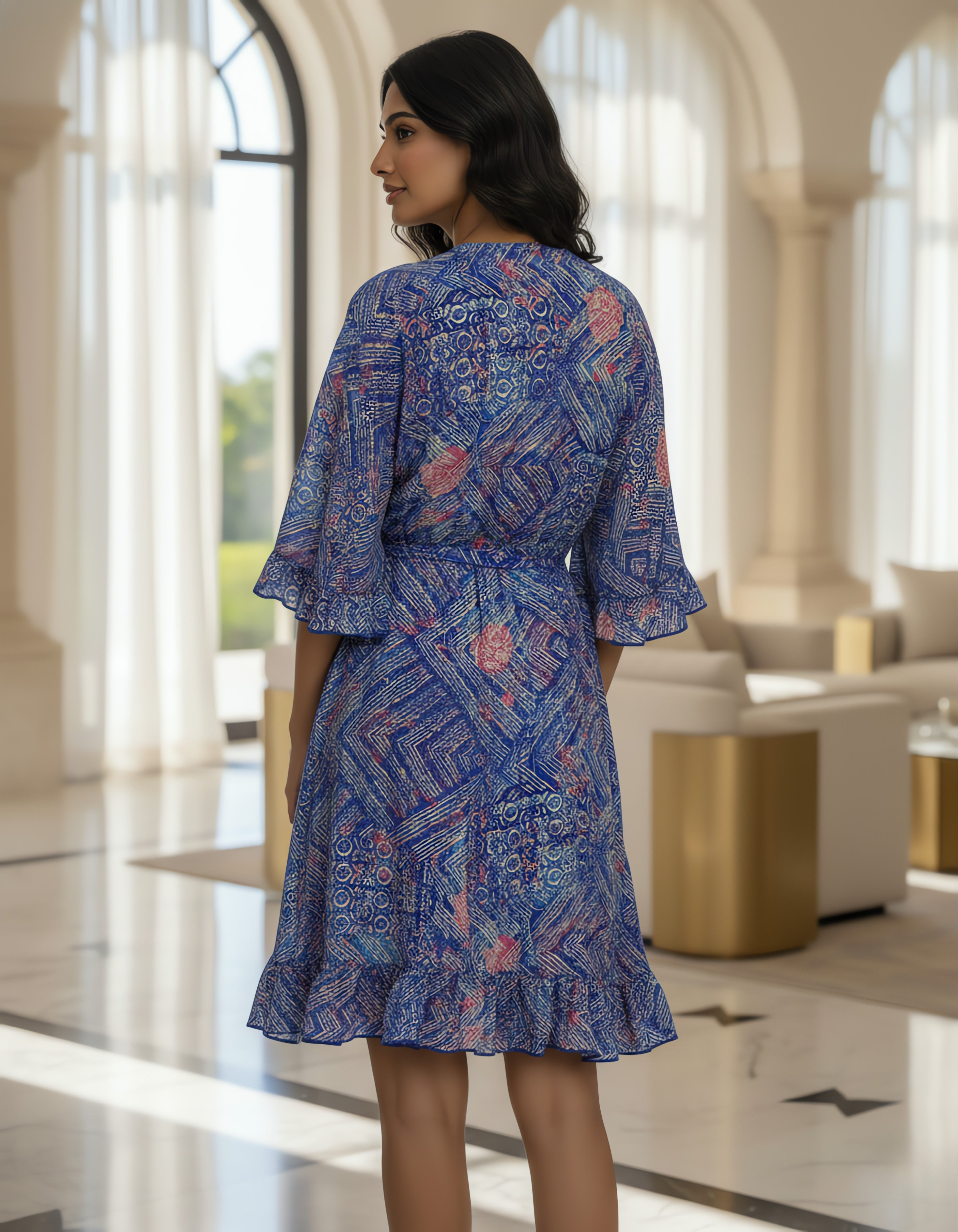 Viigobella Blue Abstract Printed Kasturi Silk Wrap Dress