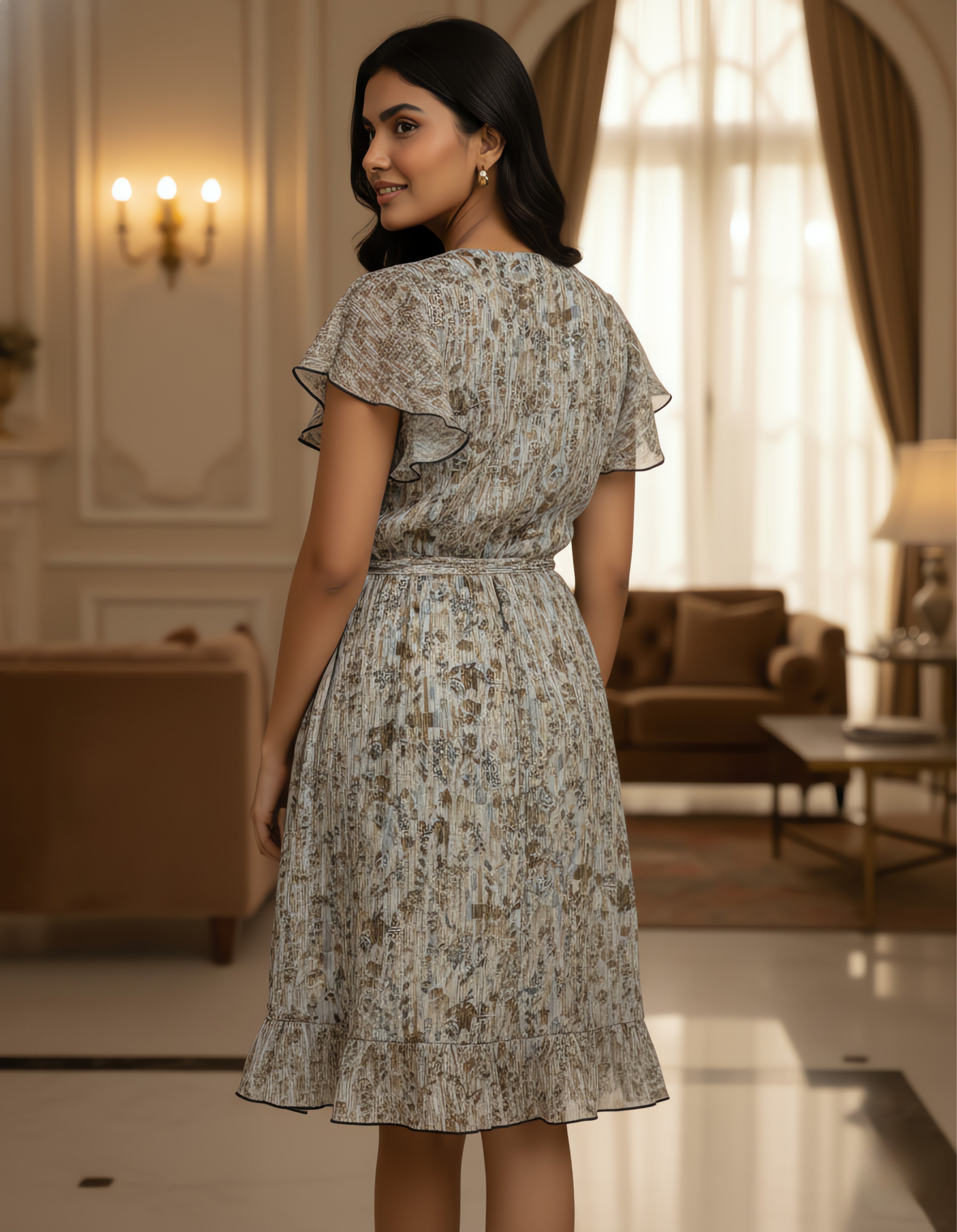 Beige Mix Printed Georgette Short Wrap Dress – Viigobella