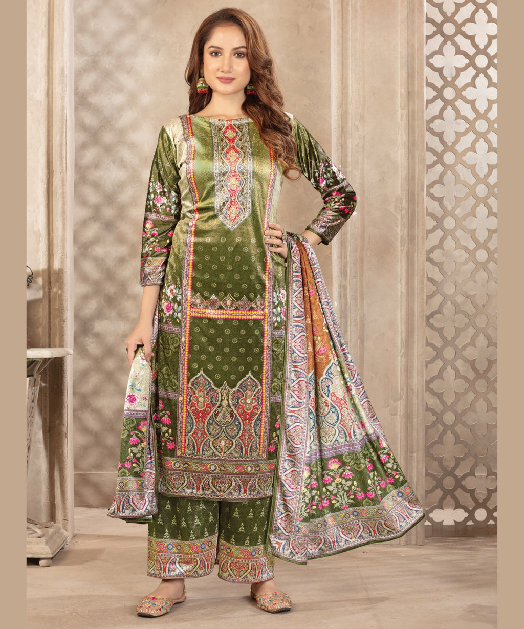 ViigoBella Premium Velvet Printed Straight Suit with Dupatta – Classic Royal Green Edition