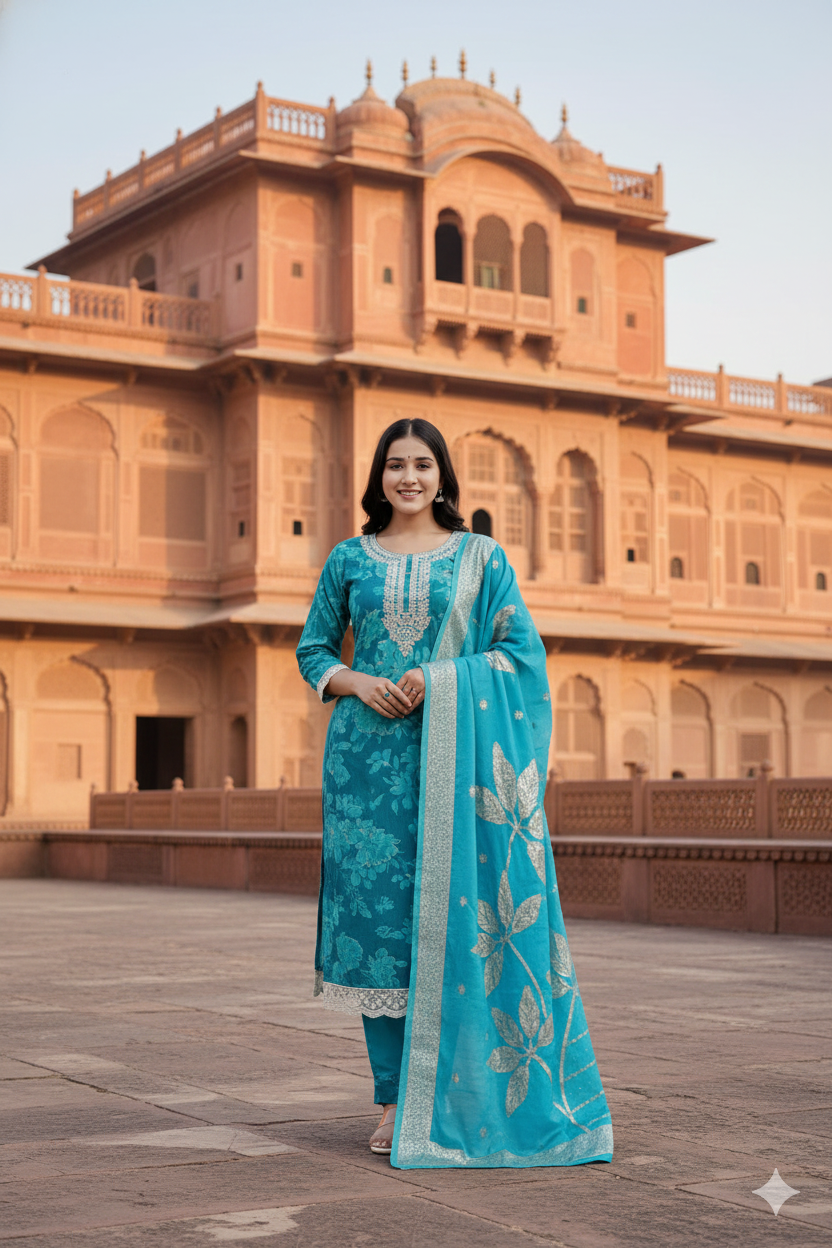 ViigoBella Vertigan Fabric Embroidered Straight Suit with Dupatta – Turquoise Royal Edition