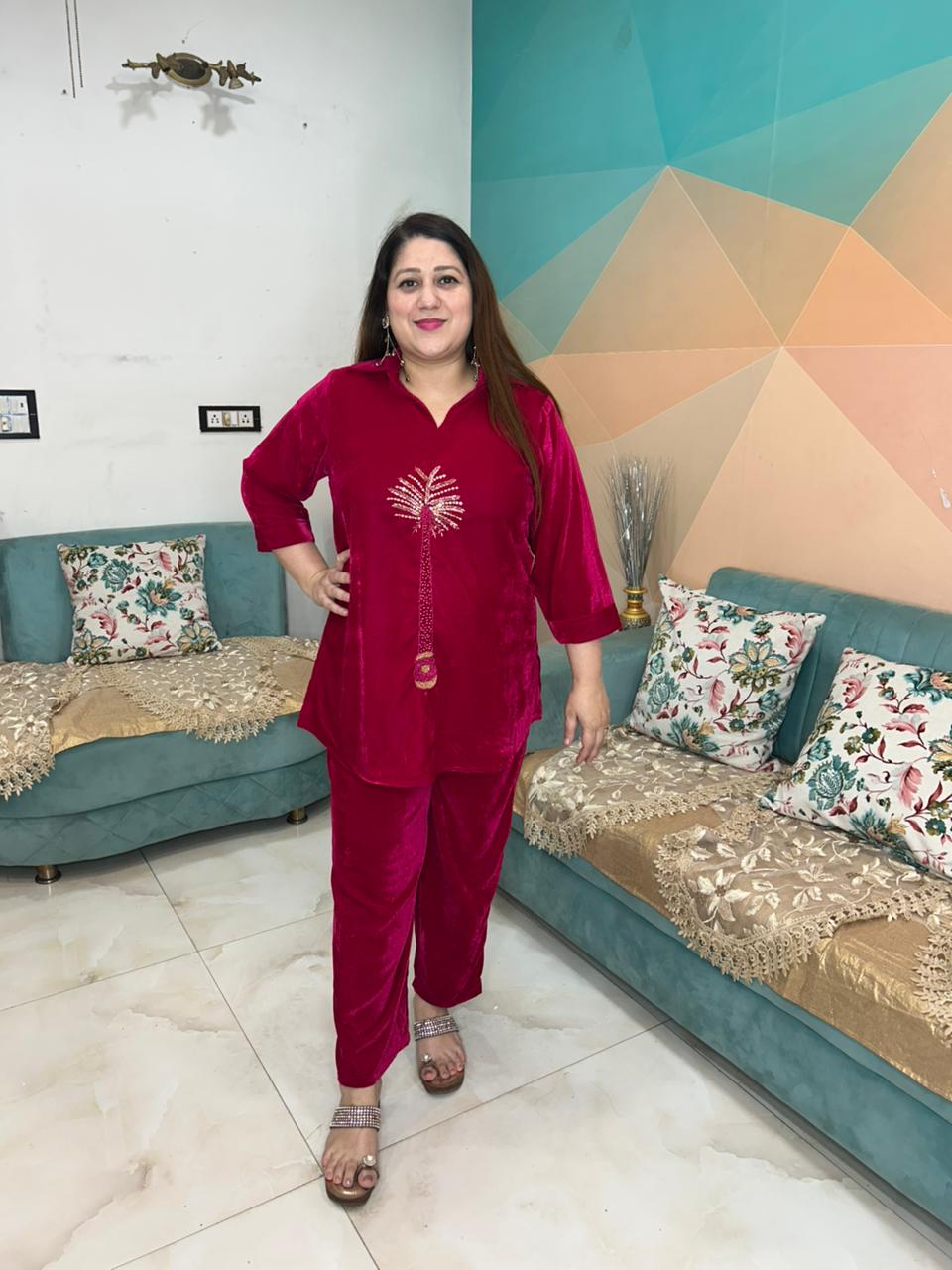 Viigobella Embellished Velvet Cord Set – Top & Pant Co-Ord