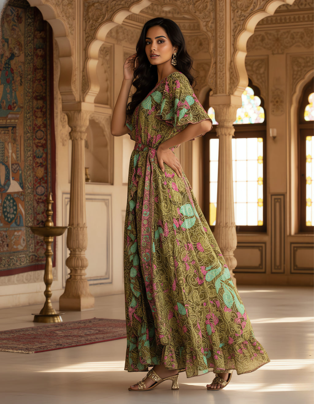 Viigobella Kasturi Silk Green Floral Wrap-Style Long Dress