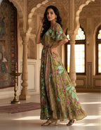 Viigobella Kasturi Silk Green Floral Wrap-Style Long Dress