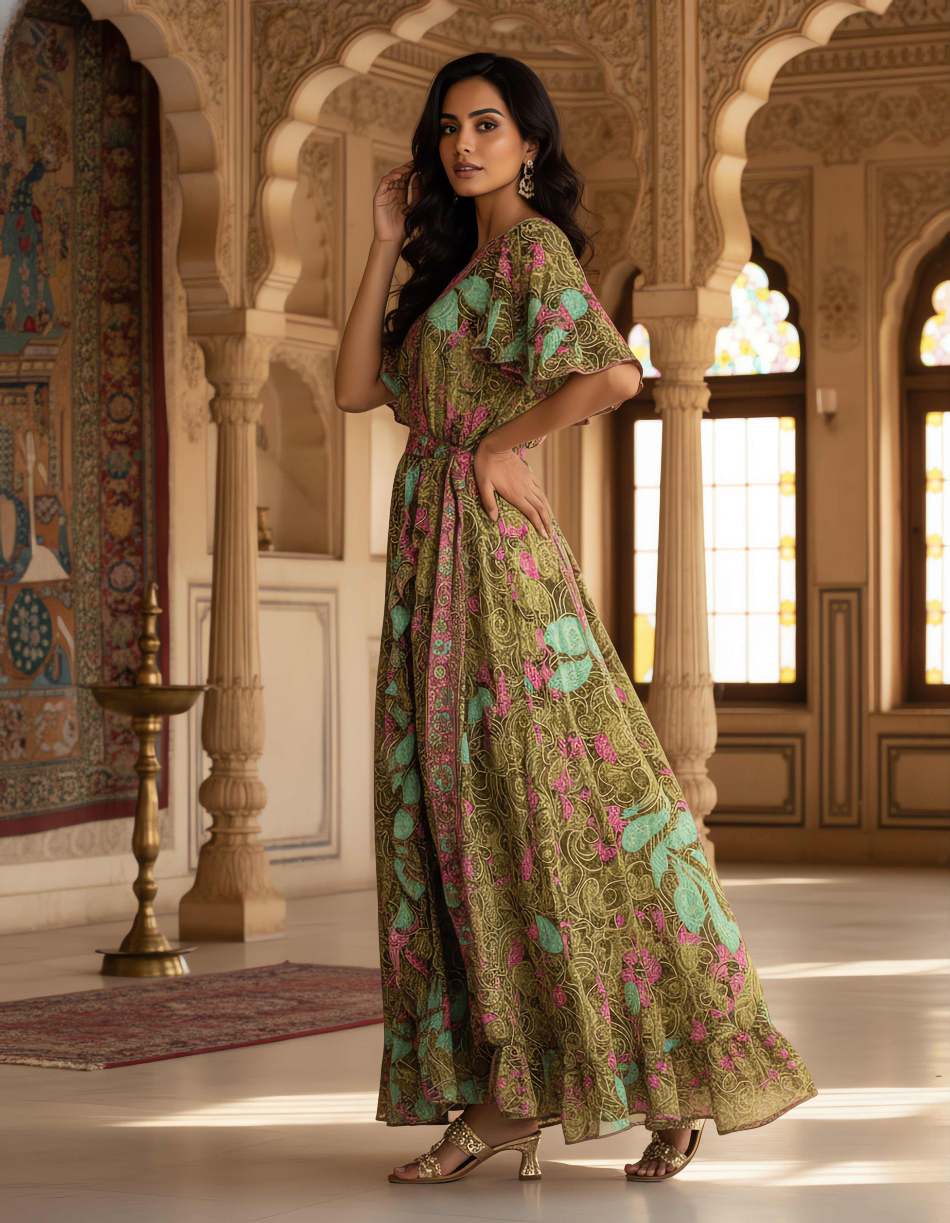 Viigobella Kasturi Silk Green Floral Wrap-Style Long Dress