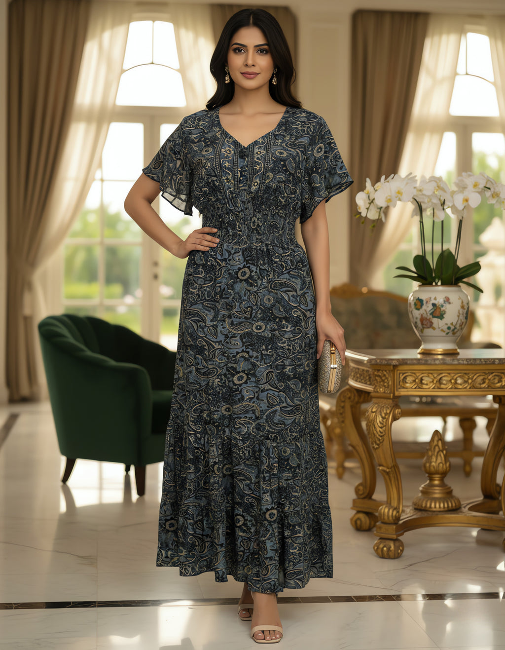 Viigobella Kasturi Silk  Paisley Printed Smocked Waist Maxi Dress