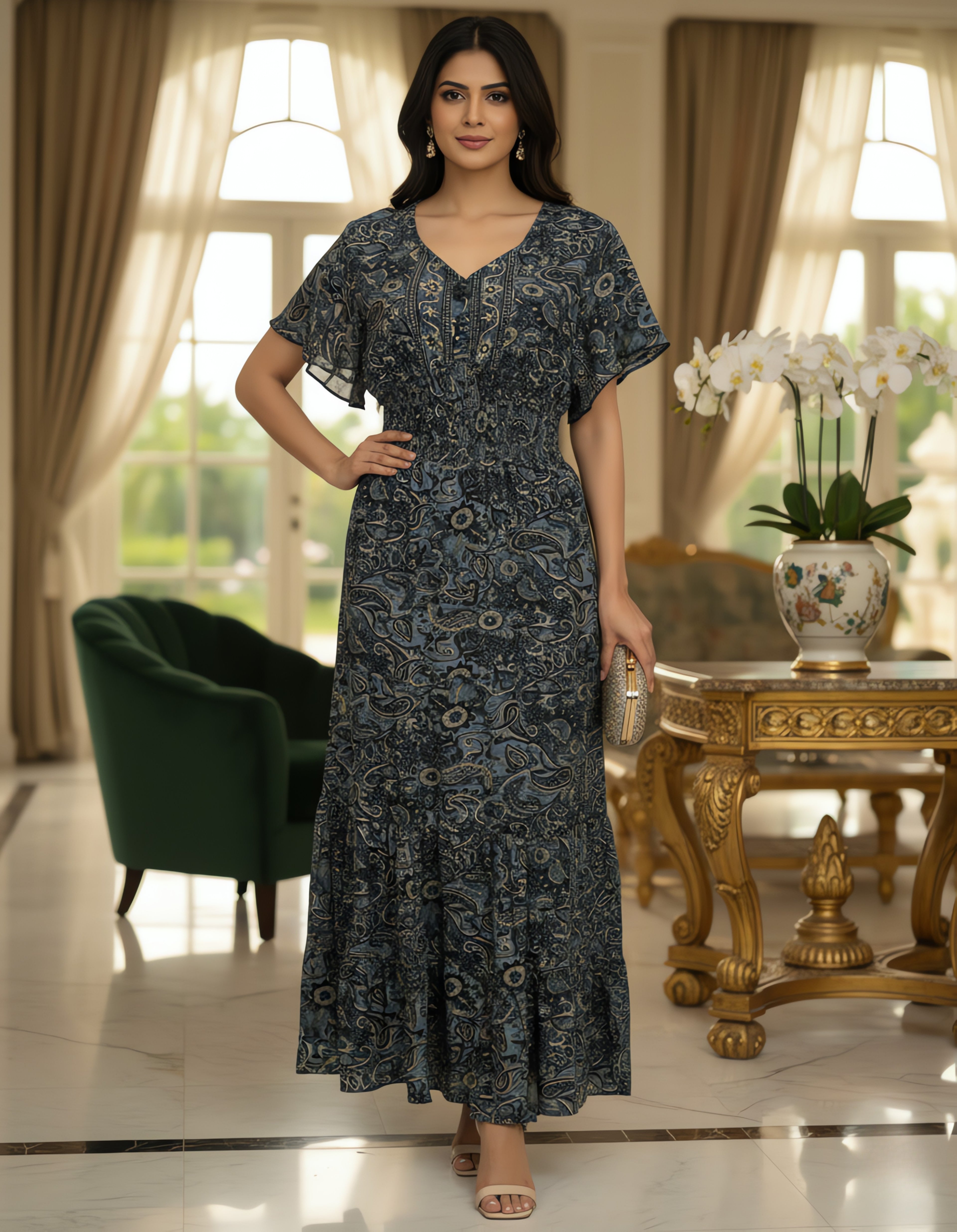 Viigobella Kasturi Silk  Paisley Printed Smocked Waist Maxi Dress