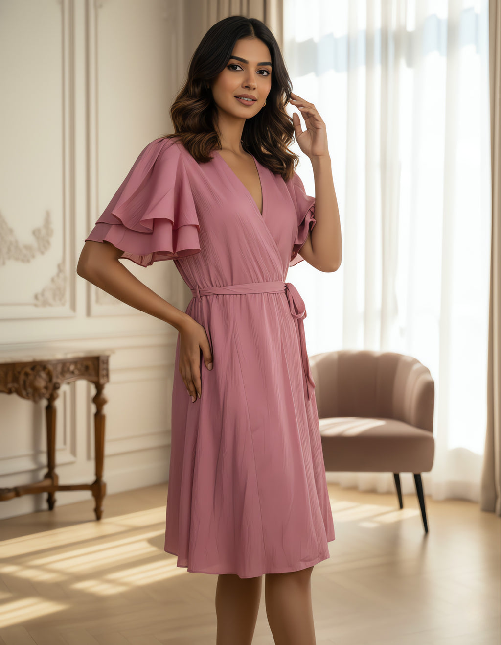 Viigobella Rose Pink Delta Fabric Wrap Dress with Layered Ruffle Sleeves