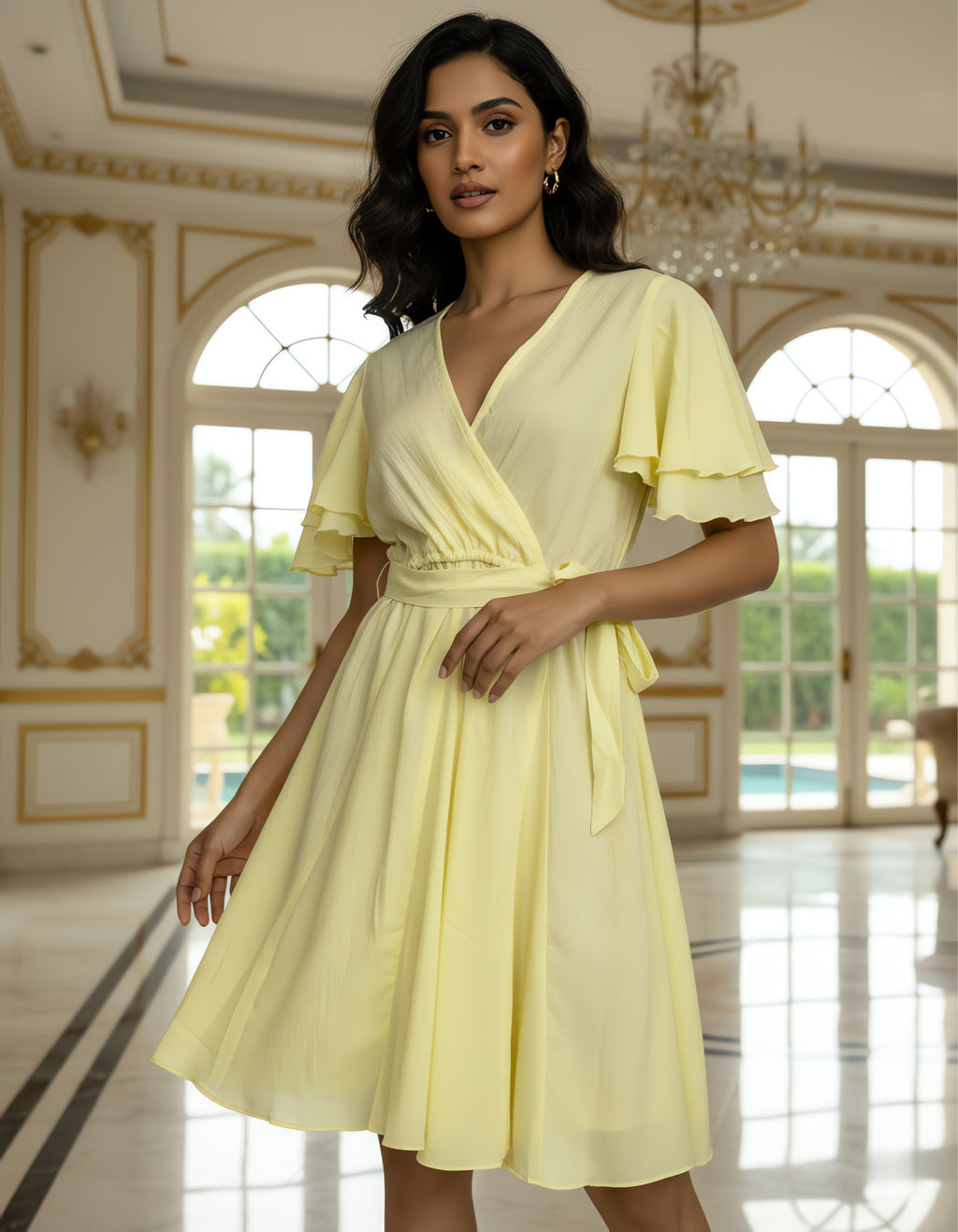 Viigobella Yellow Delta Fabric Wrap Dress with Layered Ruffle Sleeves