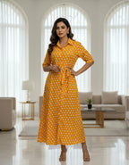 Viigobella Mustard Polka Dot Crepe Button-Down Maxi Dress