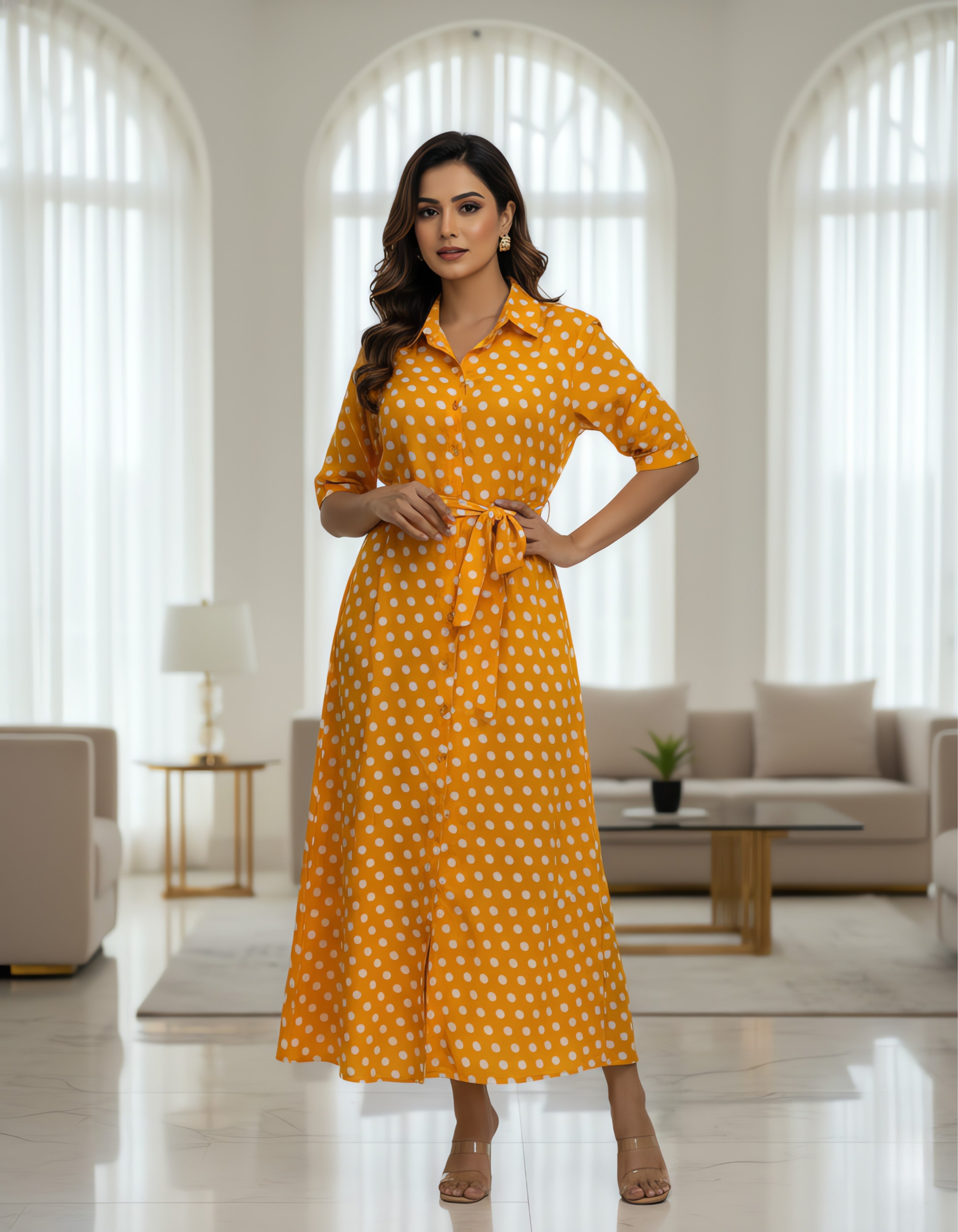 Viigobella Mustard Polka Dot Crepe Button-Down Maxi Dress