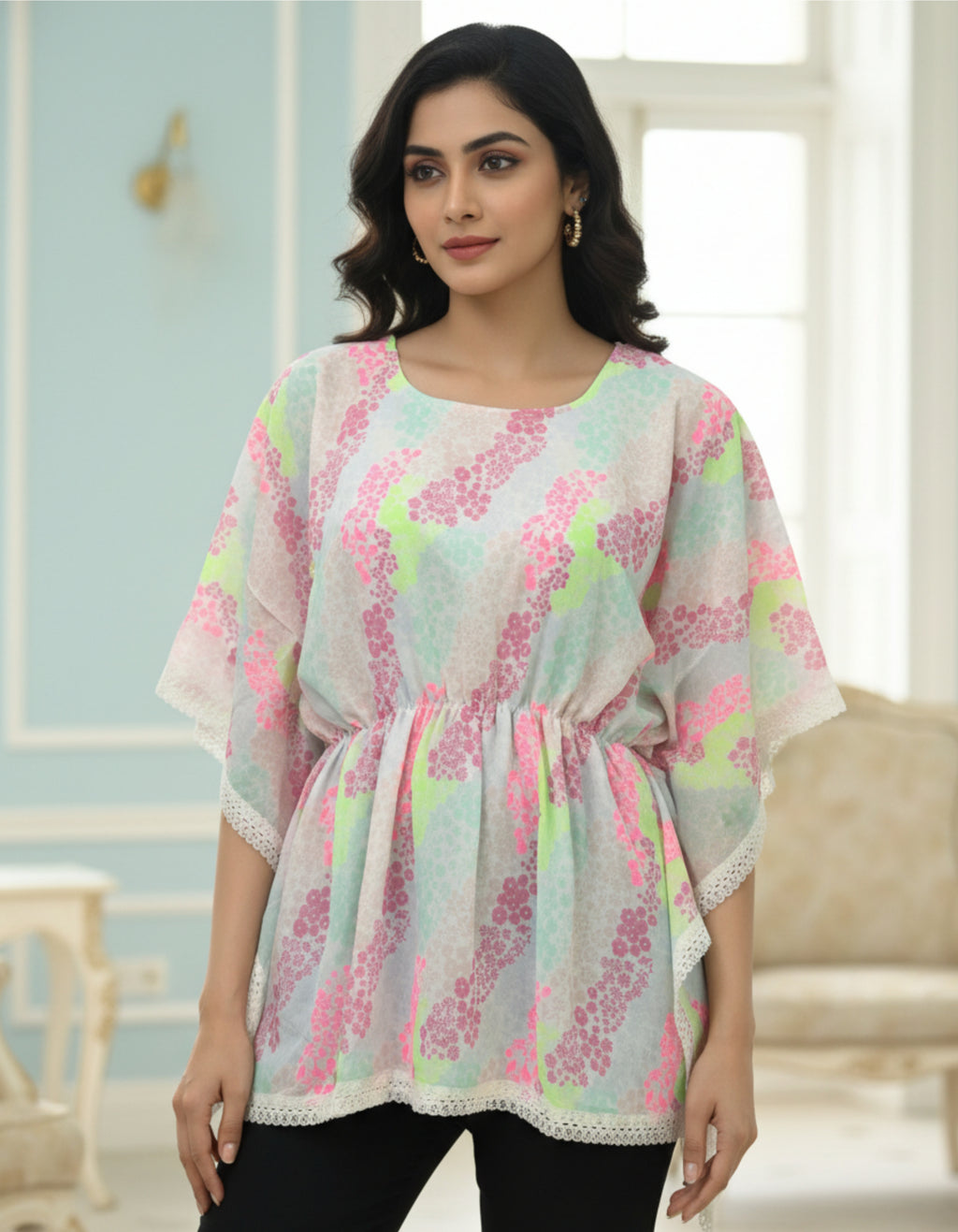 Pastel Floral Georgette Kaftan Top with Lace Border | Viigobella