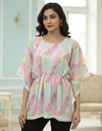 Pastel Floral Georgette Kaftan Top with Lace Border | Viigobella