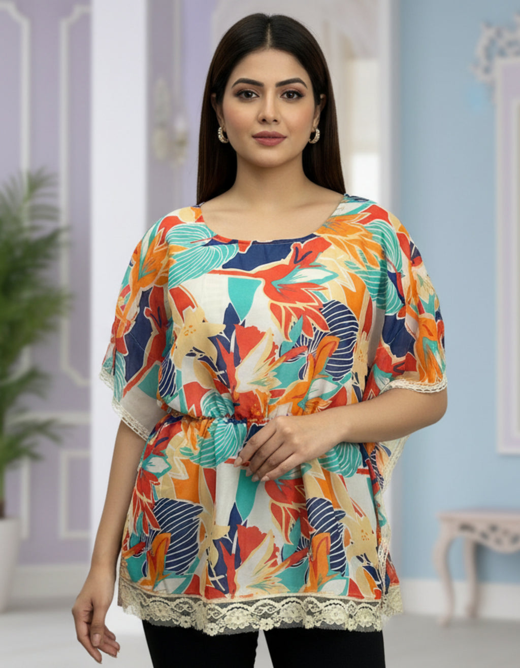 Vibrant Floral Georgette Kaftan Top with Lace Border | Viigobella