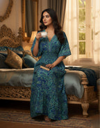 Viigobella Premium Kasturi Silk Blue Paisley Maxi Dress with Smocked Waist
